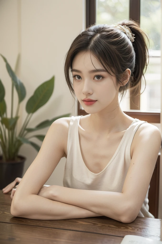 (((best quality))),(((ultra detailed))),(((masterpiece))),illustration,((1 beautiful girl, college student,solo)),((slim,thin,small breasts,flat chest)),(short ponytail:1.2),(sleeveless shirt:1.2), studying, books, dormitory, summer afternoon, sky, gloomy shadow, bed, wooden desk, bookshelf, soft warm light, lamp, gentle glow, almond-shaped eyes, textbooks, daydreaming, beach, cities, vacation, smile, pen, highlighting, notebook, dates, stretching legs, cushion, portable fan, soothing breeze, summer heat, herbal tea, thirst, potted plants, greenery, vibrant leaves, cozy atmosphere, determined expression, excel exams, summer break, intelligence, determination, achieve goals,((from front,upper body))