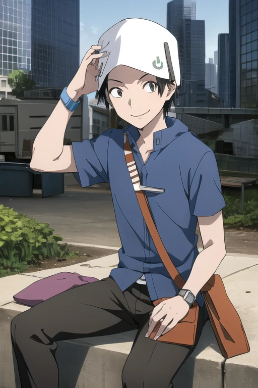 Atsurodesu, hat, pants, blue shirt, bag, wristwatch
masterpiece, best quality, absurdres, city, post apocalyptic city, sitting on bench, holding laptop, smile