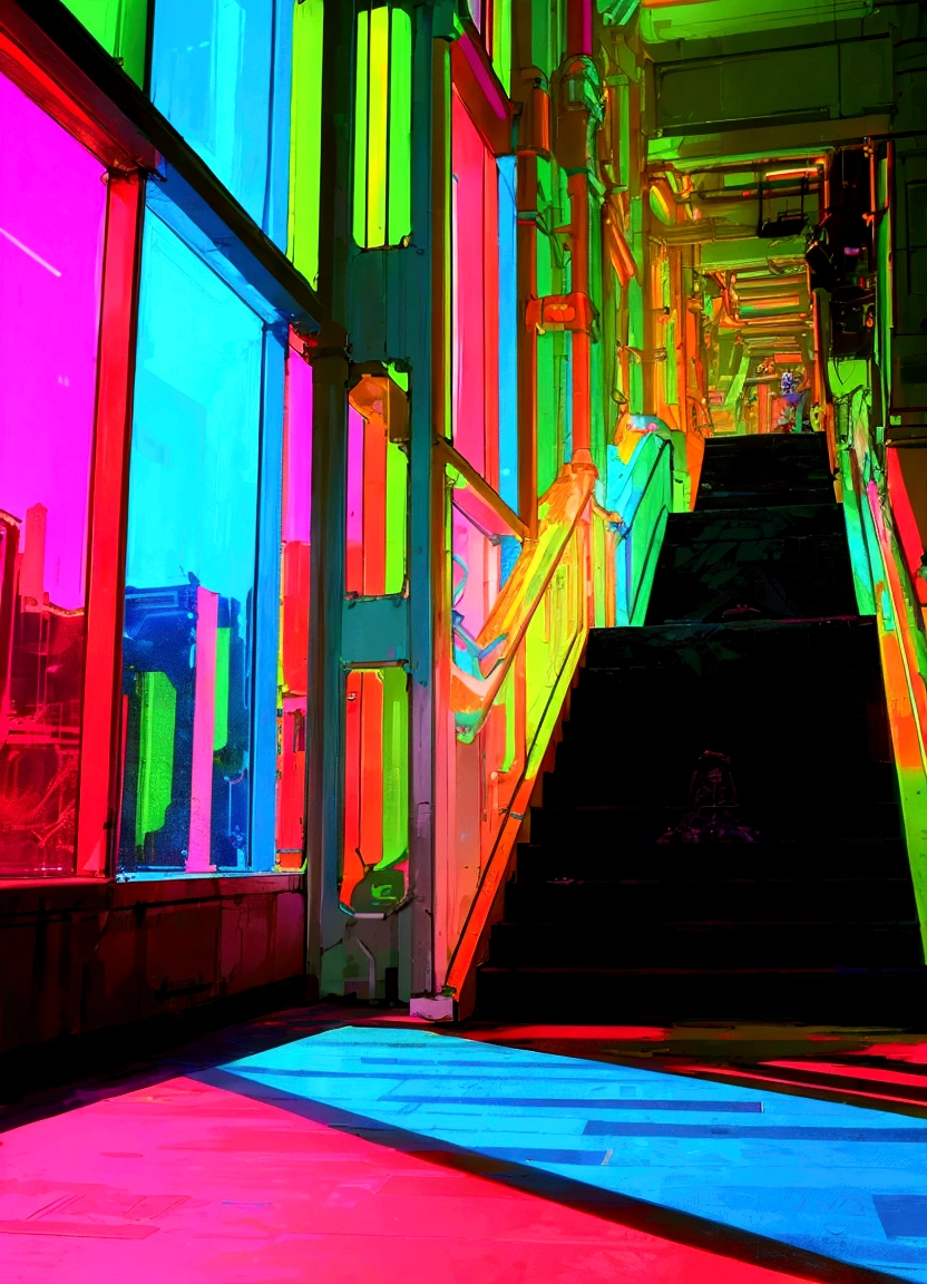 brightly lit stairs leading to a brightly lit building with a clock, psychedelic architecture, neon colors vibrant colors, vibrant neon colors, neon cyberpunk vibrant colors, ultraviolet and neon colors, neon cyberpunk colors, dreamy colorful cyberpunk colors, colorful projections, colorful architecture, hyper colorful, neon reflections, futuristic but colorful shading, vivid neon colors, futuristic neon