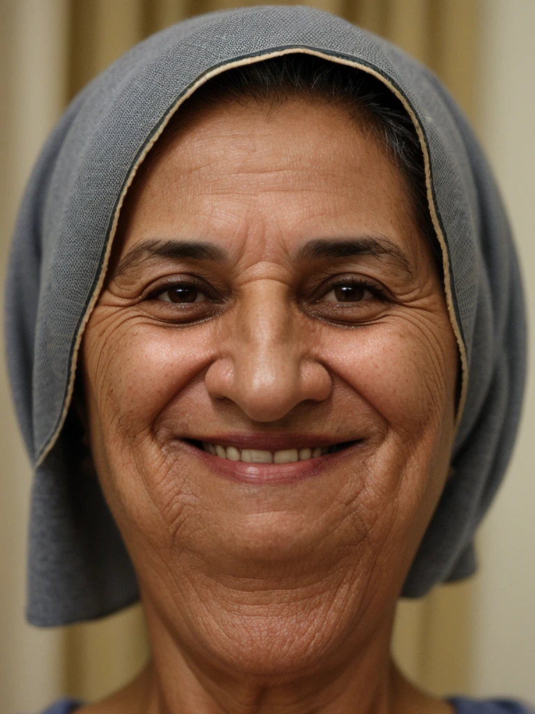 her name is Natividad, middle-aged Qatari woman, (((snub nose))), (50 years old), (short hair), (wrinkles), 1girl, solo, grainy, amateur photo, smile