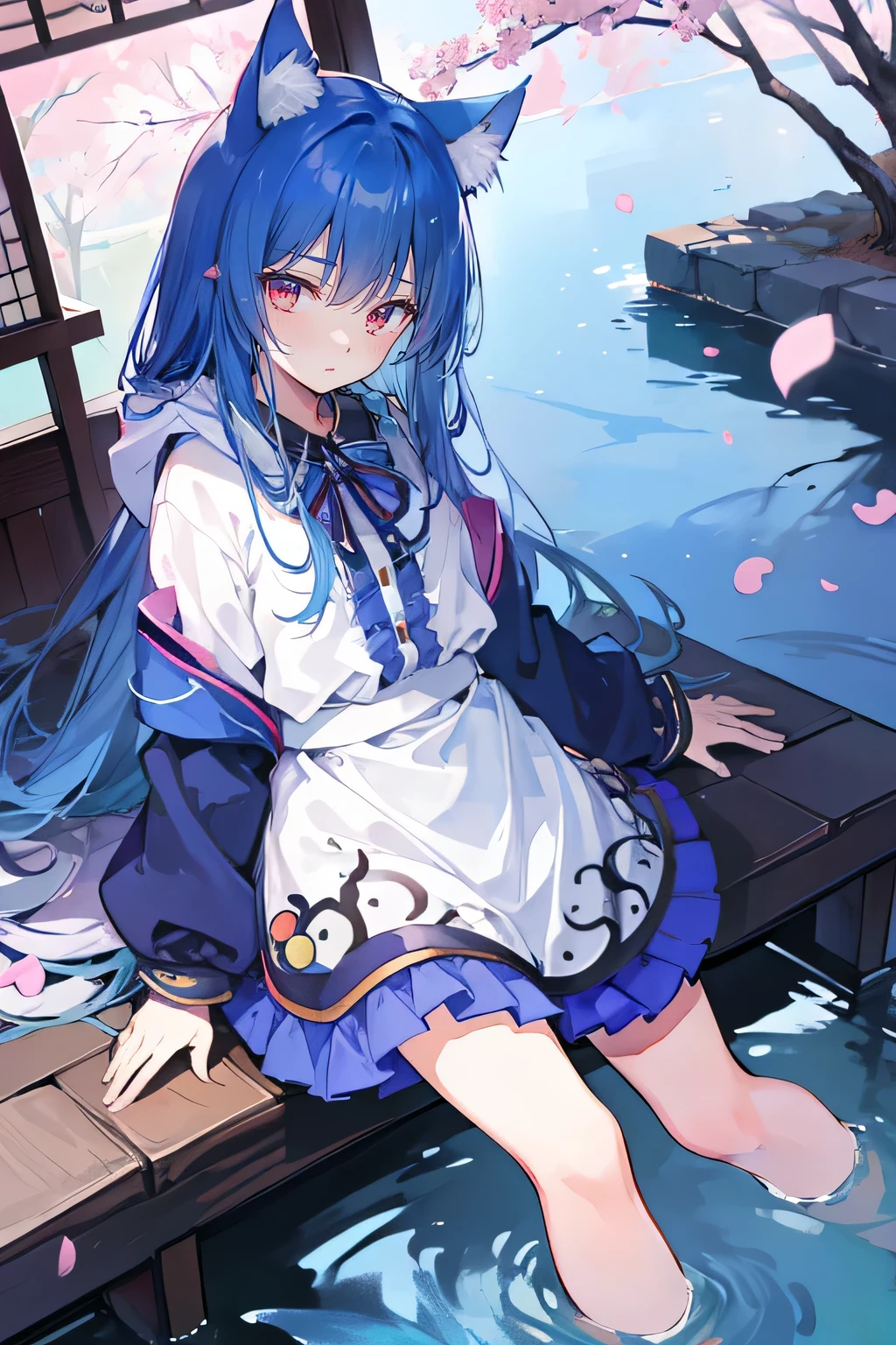 （masterpiece：1.2），Super detailed，lifelike，Expressive eyes，fair skin，perfect face shape，1 girl，
Japanese comics,Gorgeous blue hair,flowing blue hair,flowing clothes,Cat ears,Petals fall,beautiful lola,Baby Angel,
Shaking head with one hand，Cross your legs，Gentle and peaceful background，The pavilion is cool and comfortable,smile, wearing hoodie, background of tokyo,back views, winter,lie on the water。