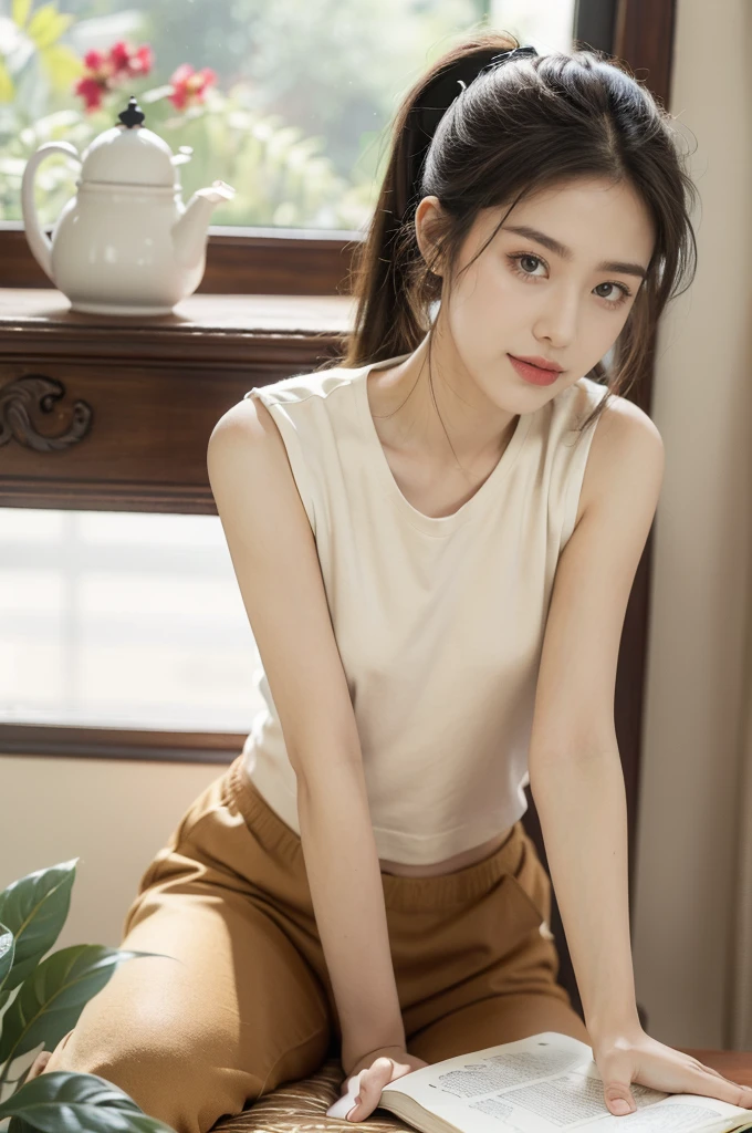 (((best quality))),(((ultra detailed))),(((masterpiece))),illustration,((1 beautiful girl, college student,solo)),((slim,thin,small breasts,flat chest)),(short ponytail:1.2),(sleeveless shirt:1.2), studying, books, dormitory, summer afternoon, sky, gloomy shadow, bed, wooden desk, bookshelf, soft warm light, lamp, gentle glow, almond-shaped eyes, textbooks, daydreaming, beach, cities, vacation, smile, pen, highlighting, notebook, dates, stretching legs, cushion, portable fan, soothing breeze, summer heat, herbal tea, thirst, potted plants, greenery, vibrant leaves, cozy atmosphere, determined expression, excel exams, summer break, intelligence, determination, achieve goals,((from front,full body))