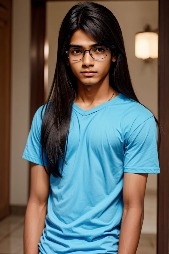 Generate an anime image of 17 year old indian boy with spectacles with straight hair