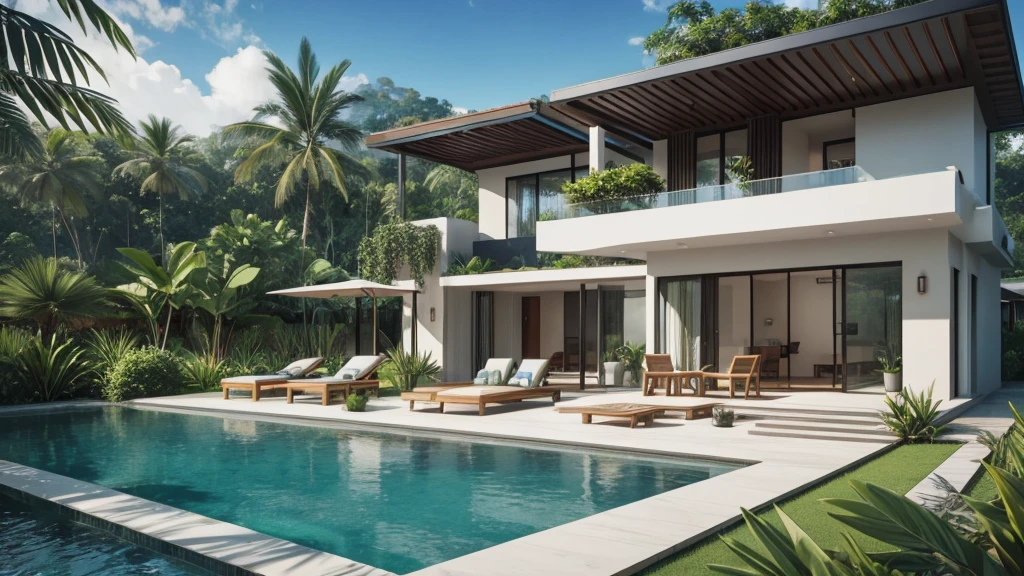 realistic rendering of modern villas by the stream, jungle background