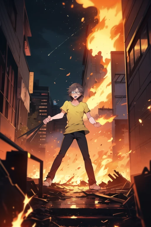 masterpiece, best quality, city, night, fire, looking at viewer, angry, screaming, standing, ruined city, 1boy
keisukedesu, yellow shirt, black pants, glasses