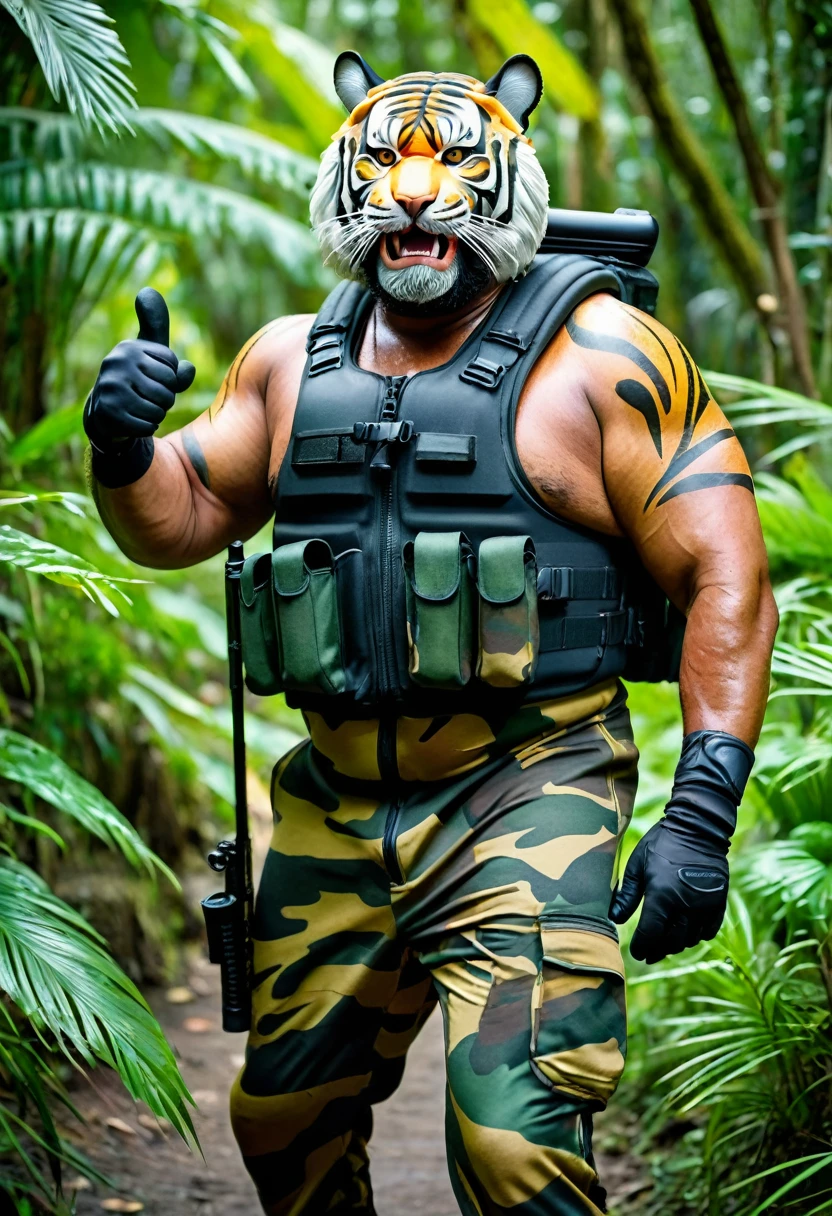 (a dark-skinned bearded fat muscular old man in a bulky army camouflage zipper diver suit), and (wearing realistic roaring siberian tiger mask) thumbs up, patrolling in a jungle and carrying sniper rifle, muscular, Bruce Onobrakpeya, sumatraism, stanley artgermm, action, heroic, fierce, furious