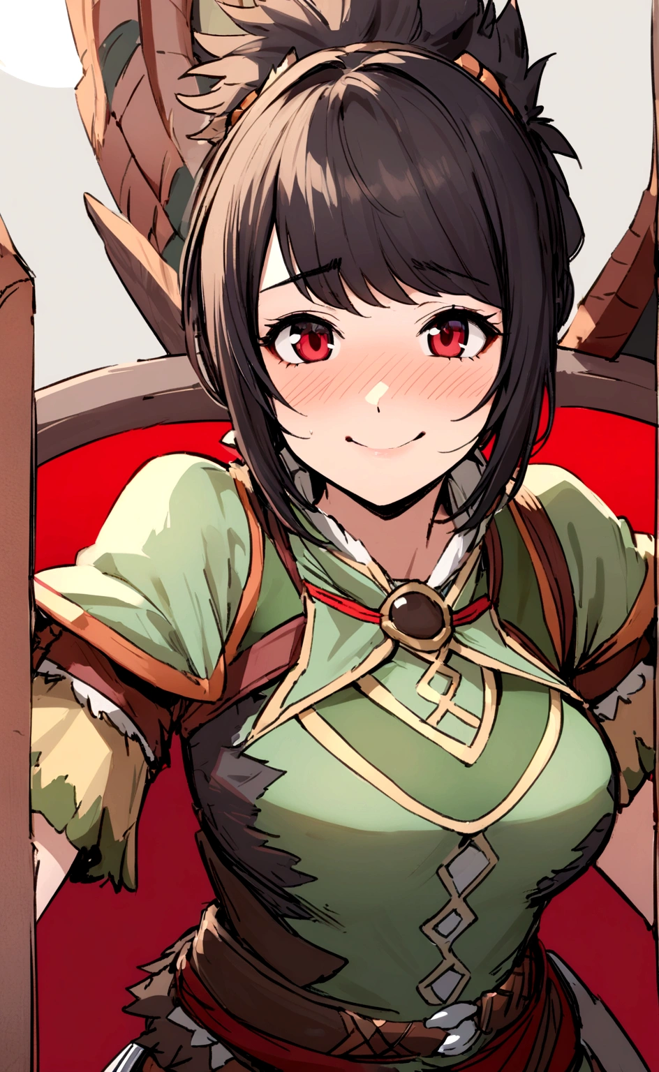 ((monsterhunter)), looking the viewer, solo, girl, shy, red cheek, bashful, embarrassed, smiling, happy, perfect face, beautiful eye, upper body