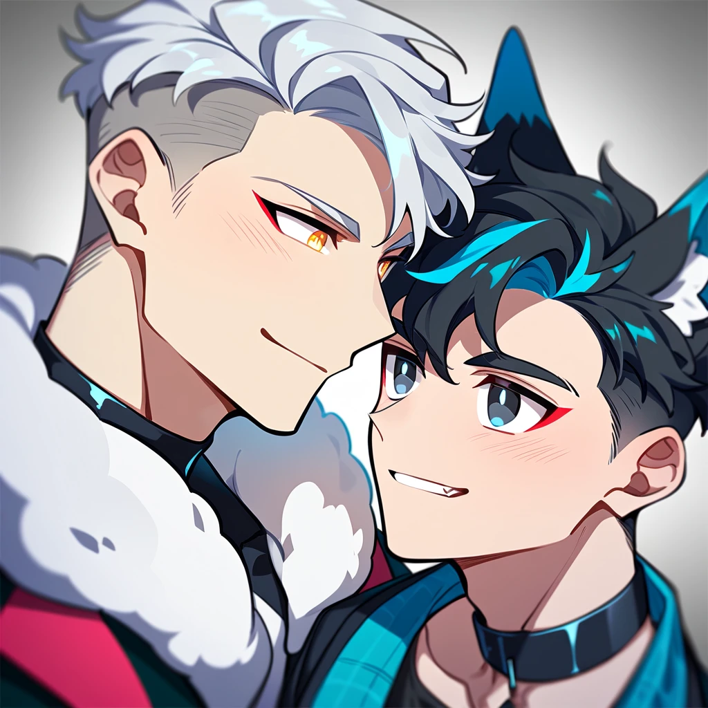 2 young men, focus man , Yaoi, pair,smile, Fox Devil, short hair, silver blonde hair, golden eyes, Fox ears, human, black hair, Undercut style, black eyes , The best aesthetics , best quality, Amazing quality, The best aesthetics