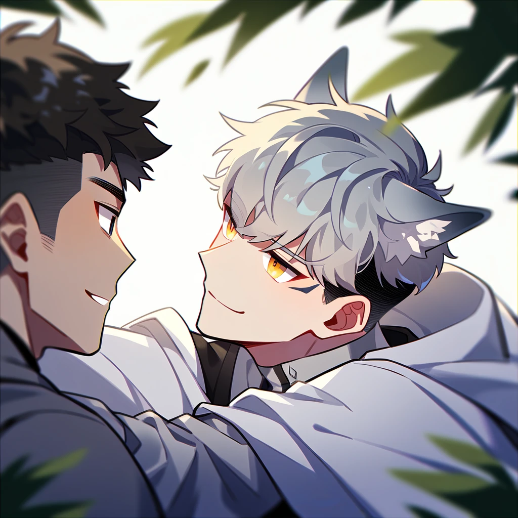 2 young men, focus man , Yaoi, pair,smile, Fox Devil, short hair, silver blonde hair, golden eyes, Fox ears, human, black hair, Undercut style, black eyes , The best aesthetics , best quality, Amazing quality, The best aesthetics