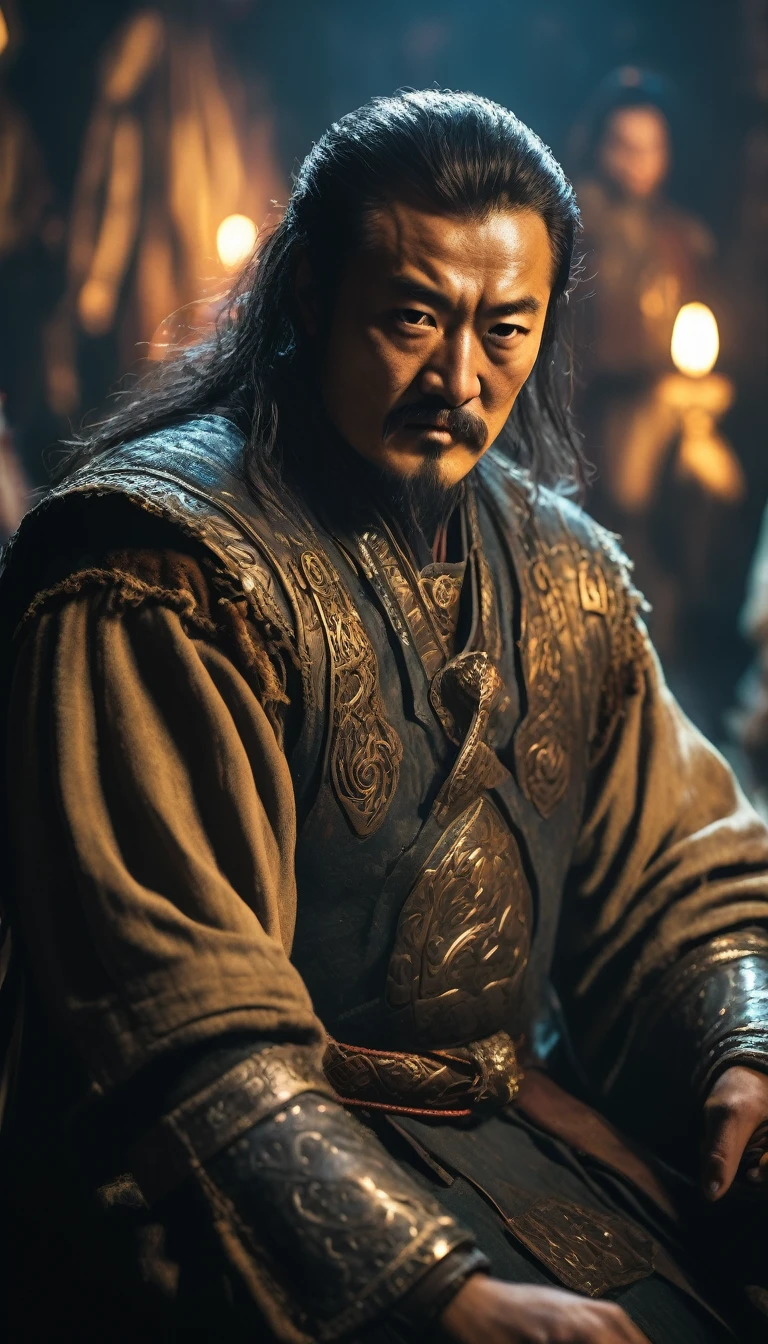 The transformation of Temujin into Genghis Khan, surrounded by loyal followers, background dark gold, hyper realistic, ultra detailed hyper realistic, photorealistic, Studio Lighting, reflections, dynamic pose, Cinematic, Color Grading, Photography, Shot on 50mm lens, Ultra-Wide Angle, Depth of Field, hyper-detailed, beautifully color, 8k