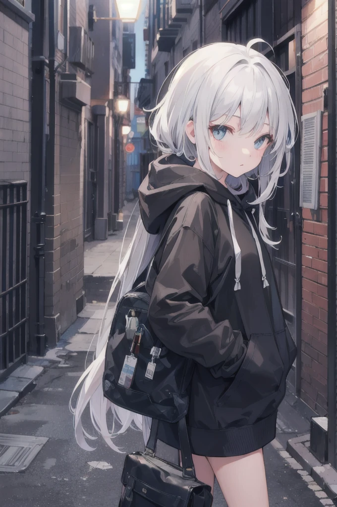 One girl,City of night,Wearing a hoodie，Gray Hair，Back Alley