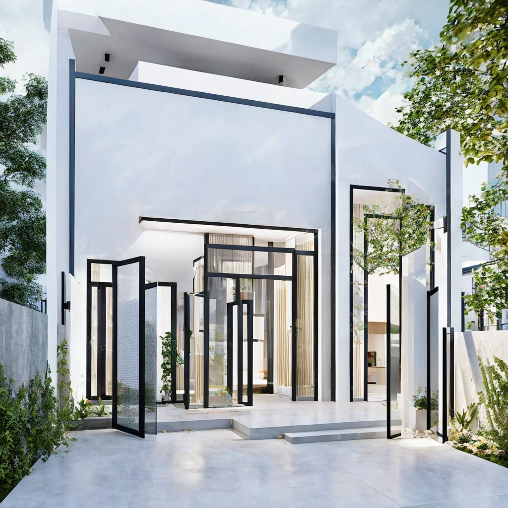 (masterpiece, best quality:1.2), modern house, 1 story, white color, outdoor light, ceiling light, moldings , gate , glass door , vray render , best design architecture, architecture photo