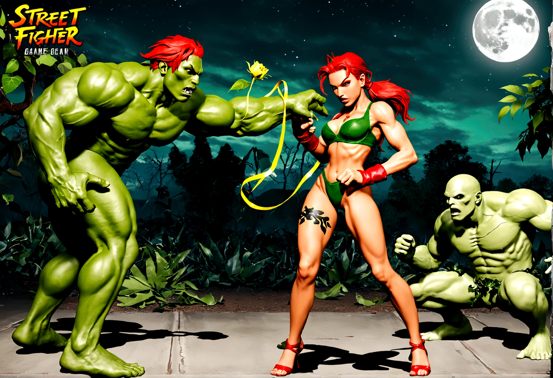 (street Fighter 2 16 bit game) DC character 'poison ivy' has animated plant (thorn,vine,flower) beasts to demolish a horde of zombie (rotten people) emerging from a swap, moonlit swamp, show the epic battle of plants vs. zombies, (bonus round destroy as many zombies as you can with Poison Ivy's plant lash attack)
