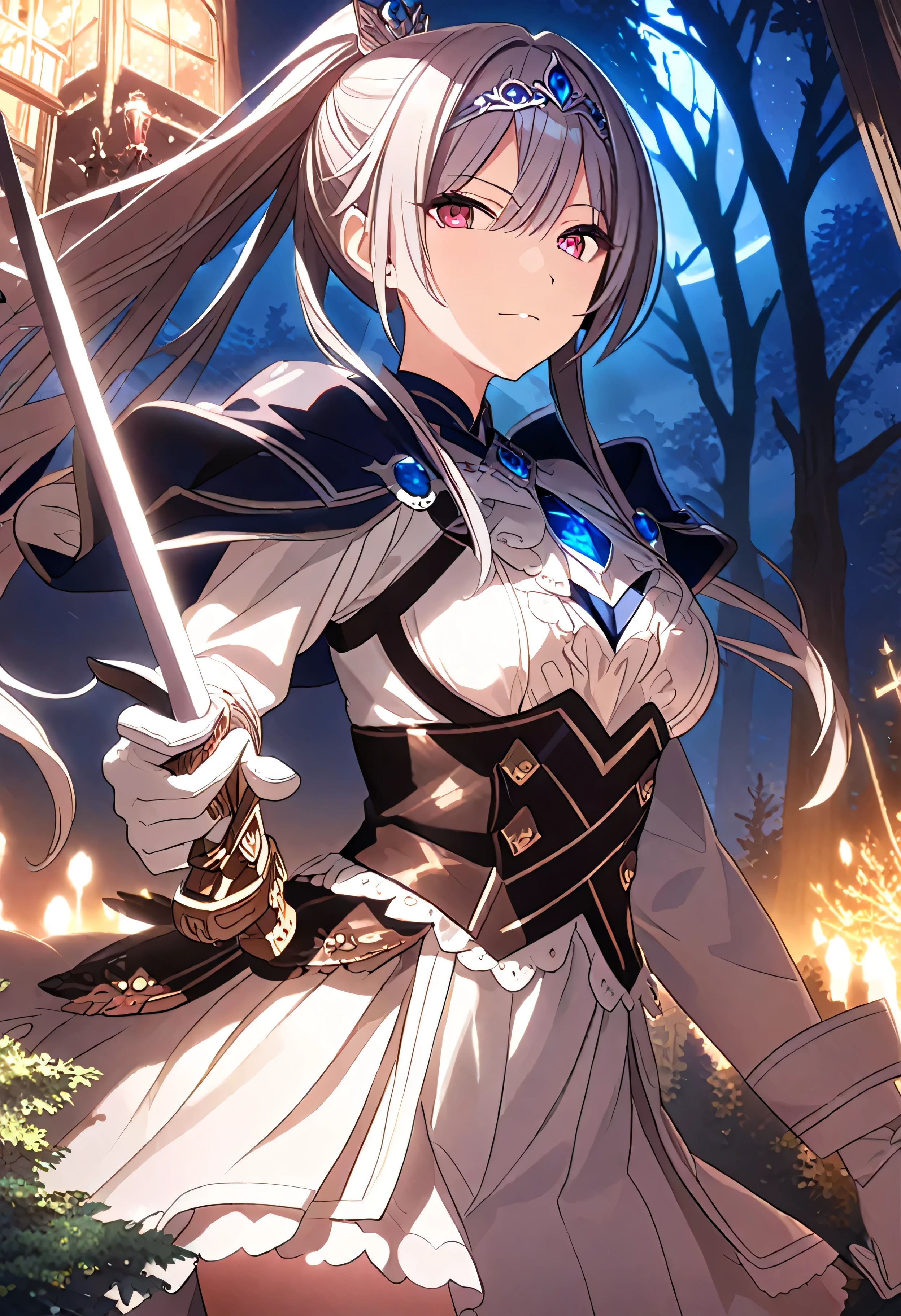 Highest quality、Very detailed、High resolution illustrations、Ultra-high-definition CG、8k size wallpaper、Production art、Light Novel Illustration、sakuya shirase、Midnight blue long ponytail、Platinum tiara with blue gemstones、Red eyes、(Tree Eyes), Cool and sharp features, Female magical warrior、white&gold breastplate、Blue and white leotard、(((With side armor and long slits、Blue and gold embellished pencil skirt)))、Half puff sleeves with shoulder pads、A large white ribbon with a large sapphire on the chest、White and blue long gloves、White and blue thigh-high stiletto boots、whole body、She has a sword with a glowing blue blade.