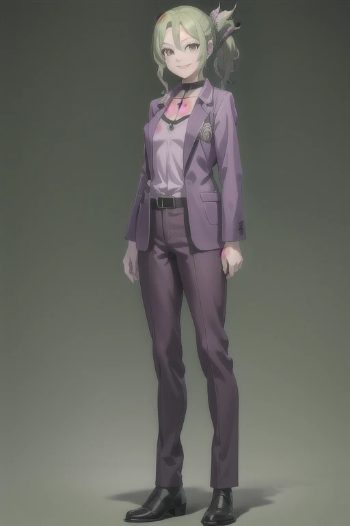 masterpiece, best quality, 1girl, solo, smile, Shoiji, purple jacket, purple shirt, folded ponytail, choker, green hair, brown eyes, hairclip, pants, standing, full body, black background