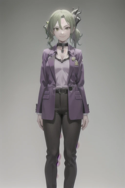 masterpiece, best quality, 1girl, solo, smile, Shoiji, purple jacket, purple shirt, folded ponytail, choker, green hair, brown eyes, hairclip, pants, standing, full body, black background