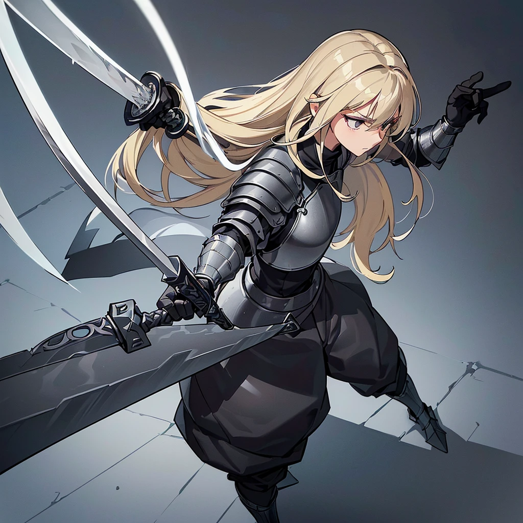 Best illustrations、Best Quality、(Full body character concept、detailed)、(((Simple grey armor、Black trousers、Black gloves))、(woman、18-year-old)、(Blonde、Long Hair)、(((Grab the sword、Get Ready)))、(From above at an angle)