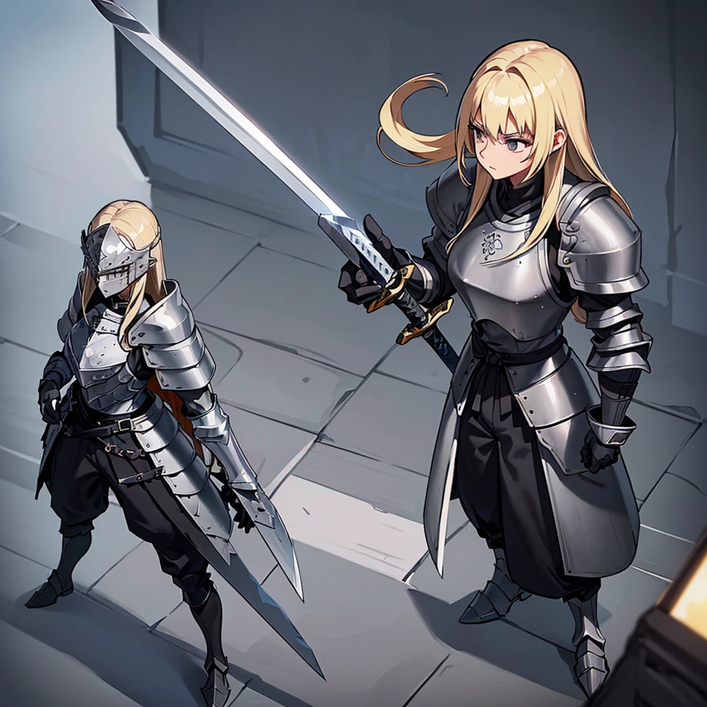 Best illustrations、Best Quality、(Full body character concept、detailed)、(((Simple grey armor、Black trousers、Black gloves))、(woman、18-year-old)、(Blonde、Long Hair)、(((Grab the sword、Get Ready)))、(From above at an angle)