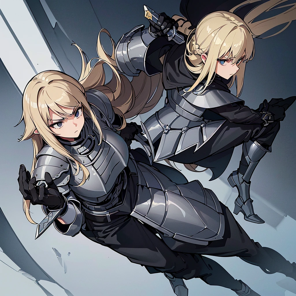 Best illustrations、Best Quality、(Full body character concept、detailed)、(((Simple grey armor、Black trousers、Black gloves))、(woman、18-year-old)、(Blonde、Long Hair)、(((Grab the sword、Get Ready)))、(From above at an angle)