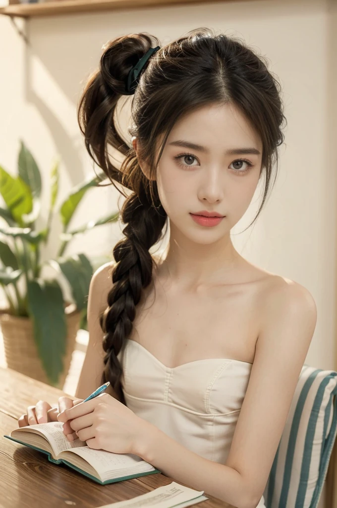 (((best quality))),(((ultra detailed))),(((masterpiece))),illustration,((1 beautiful girl, college student,solo)),((slim,thin,small breasts,flat chest)),(short ponytail:1.2),(strapless bra:1.2), studying, books, dormitory, summer afternoon, sky, gloomy shadow, bed, wooden desk, bookshelf, soft warm light, lamp, gentle glow, almond-shaped eyes, textbooks, daydreaming, beach, cities, vacation, smile, pen, highlighting, notebook, dates,cushion, portable fan, soothing breeze, summer heat, herbal tea, thirst, potted plants, greenery, vibrant leaves, cozy atmosphere, determined expression, excel exams, summer break, intelligence, determination, achieve goals,((from front,close-up of face))