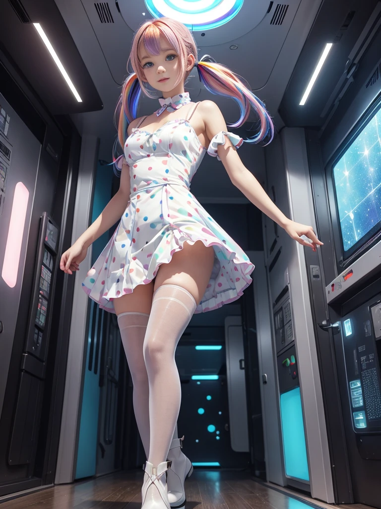 Cute redhead, gravure Idol, with rainbow colored hair tips, ribbons in her hair, 18-year-old woman, happy, in twin tails, perfect symmetrical eyes, clear sparkling blue eyes, pale skin, silky smooth skin, standing on a fancy luxurious space ship, large futuristic corridor, control panels, wood trim, decorative plants, warm lighting, wearing a futuristic dress, pleated (chemise) mini dress (pastel rainbow colors, and polka dots), wearing full body pantyhose, cute short cut booties.