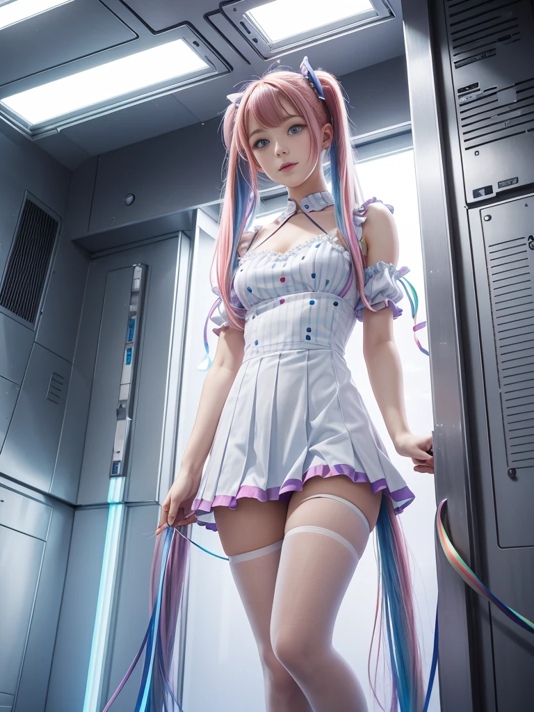 Cute redhead, gravure Idol, with rainbow colored hair tips, ribbons in her hair, 18-year-old woman, happy, in twin tails, perfect symmetrical eyes, clear sparkling blue eyes, pale skin, silky smooth skin, standing on a fancy luxurious space ship, large futuristic corridor, control panels, wood trim, decorative plants, warm lighting, wearing a futuristic  dress, pleated (chemise) mini dress (pastel rainbow colors, and polka dots), wearing full body pantyhose, cute short cut booties.