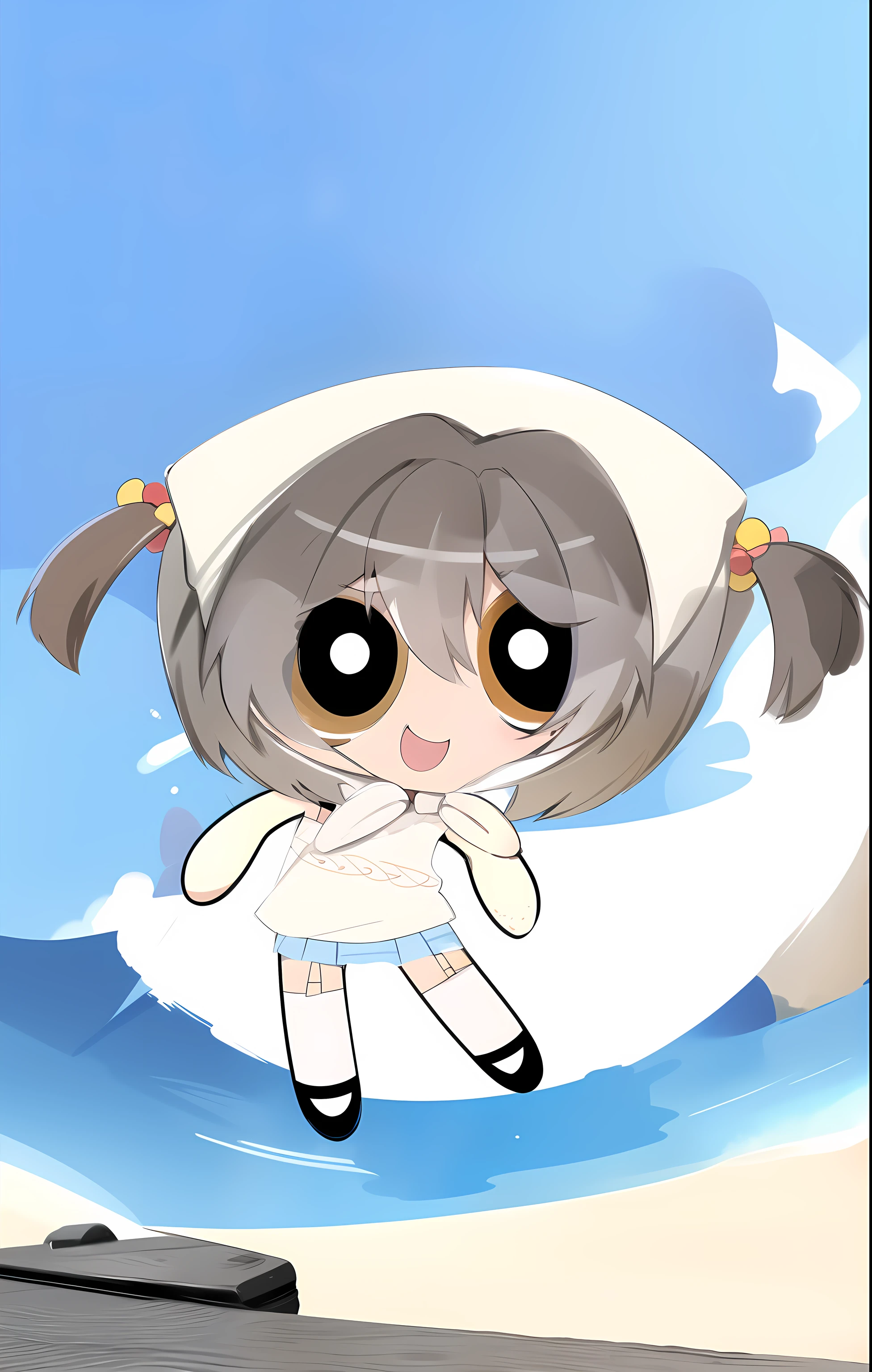 brown hair, short twintail, cute smile, cute eyes, chibi, 1girl, brown eyes, black Singlet, light blue skirt, ocean beach background,