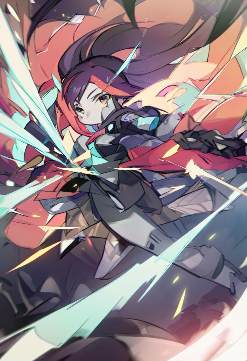 Anime girl , combat pose, (((blurry background))), ((white background)), character focus, bra top, lowleg panties, bare foot, bare shoulder, bare waist, solo,