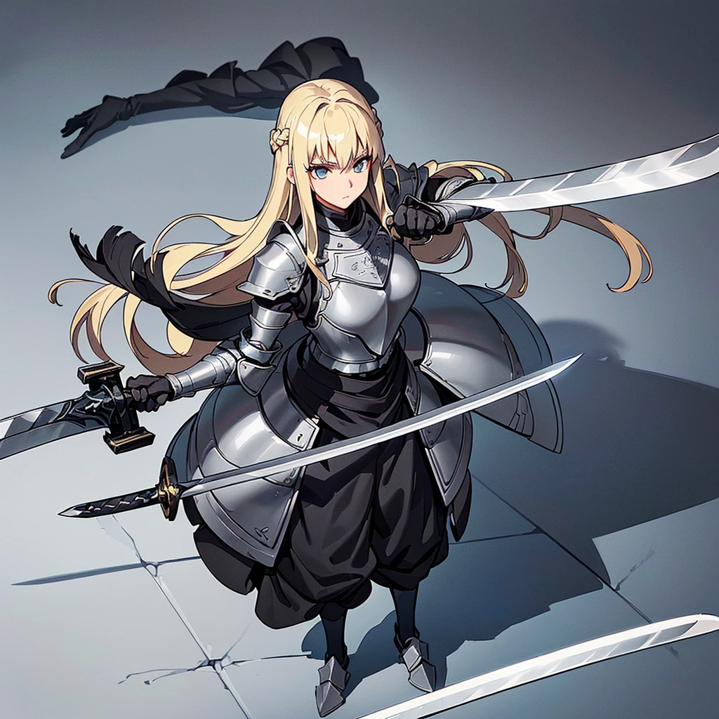 Best illustrations、Best Quality、(Full body character concept、detailed)、(((Simple grey armor、Black trousers、Black gloves))、(woman、18-year-old)、(Blonde、Long Hair)、(((Grab the sword、Get Ready)))、(From above at an angle)