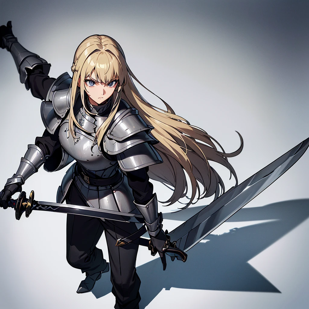 Best illustrations、Best Quality、(Full body character concept、detailed)、(((Simple grey armor、Black trousers、Black gloves))、(woman、18-year-old)、(Blonde、Long Hair)、(((Grab the sword、Get Ready)))、(From above at an angle)