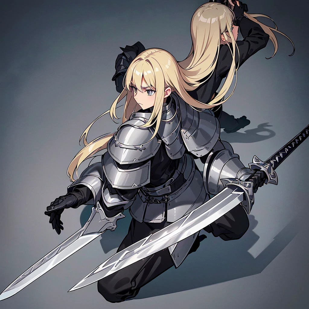 (((Solo)))、Best illustrations、Best Quality、(Full body character concept、detailed)、(((Simple grey armor、Black trousers、Black gloves、woman、18-year-old、Blonde、Long Hair)))、(((Grab the sword、Get Ready)))、(From below)、(Old ruins、desert)、Fall to the floor、(Black, muddy swamp)、From above