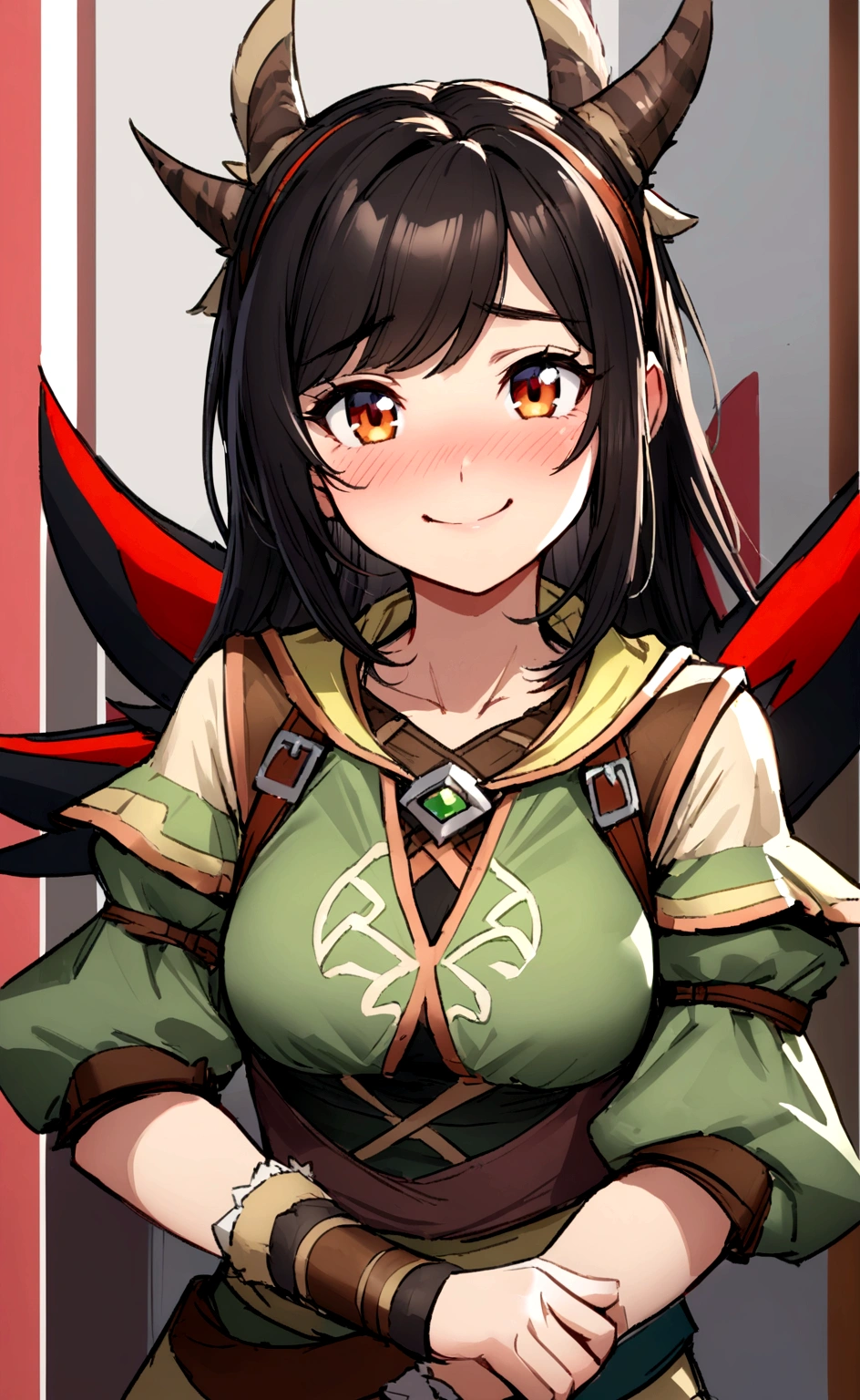 ((monsterhunter)), looking the viewer, solo, girl, shy, red cheek, bashful, embarrassed, smiling, happy, perfect face, beautiful eye, upper body