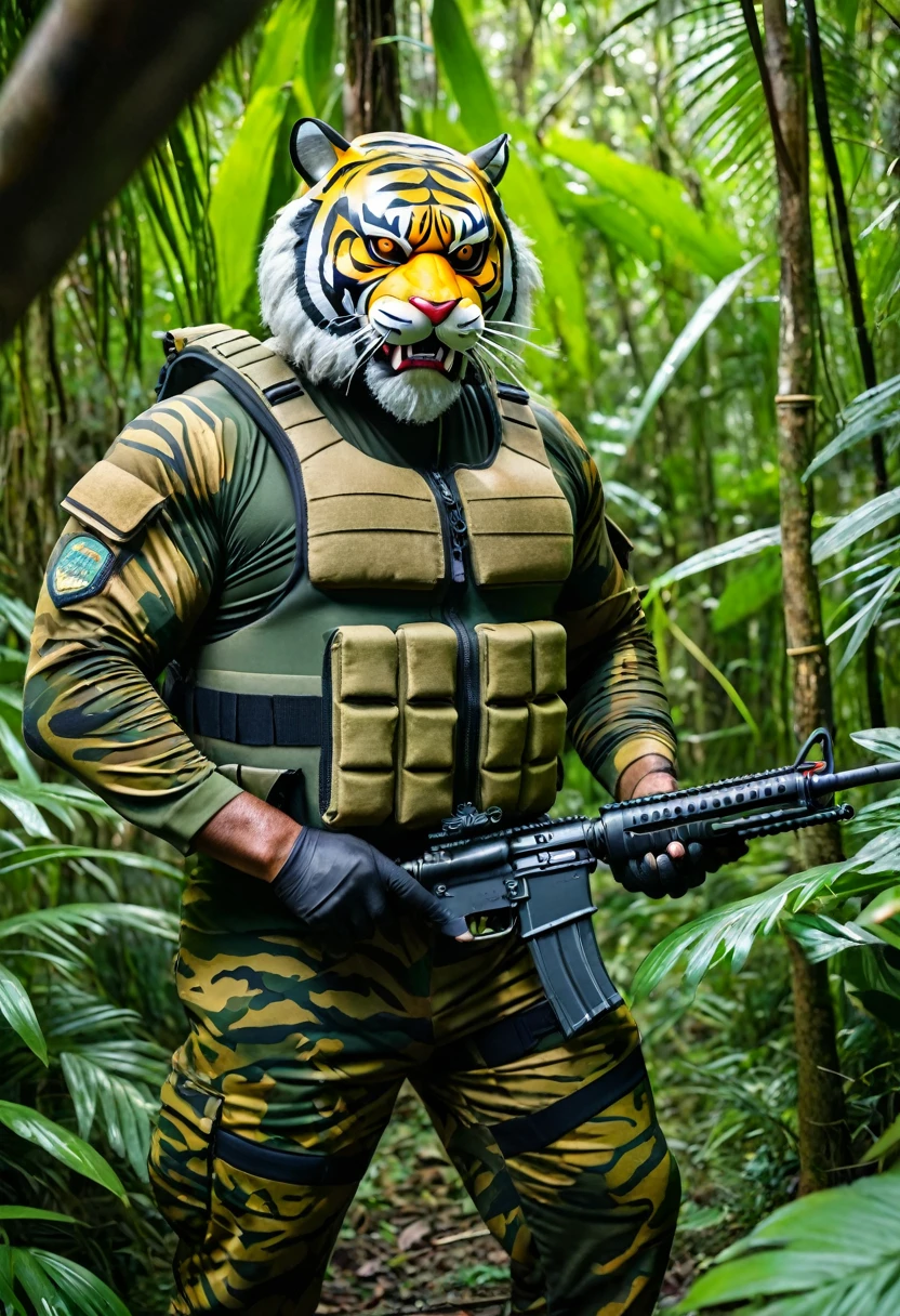 (a dark-skinned bearded fat muscular old man in a bulky army camouflage zipper diver suit), and (wearing realistic roaring siberian tiger mask), patrolling in a jungle and shooting sniper rifle, muscular, Bruce Onobrakpeya, sumatraism, stanley artgermm, action, heroic, fierce, snarling