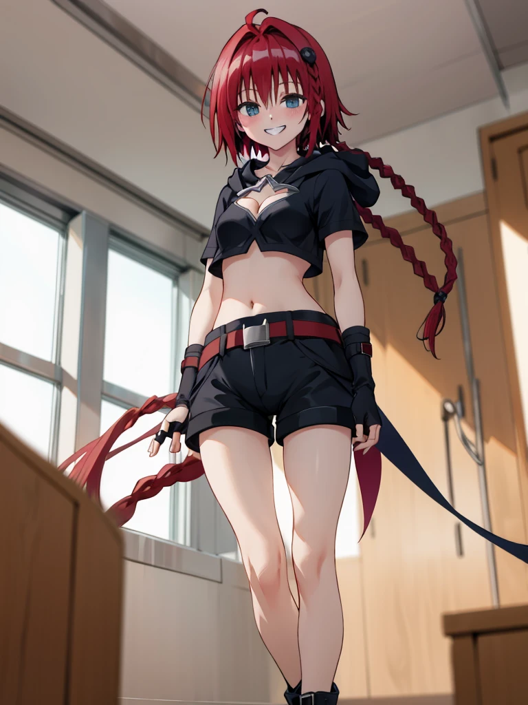 transformationOutfit,red hair,braid crop top, black shorts, belt, cleavage cutout, fingerless gloves, hood, belt,standing,indoor,grin,