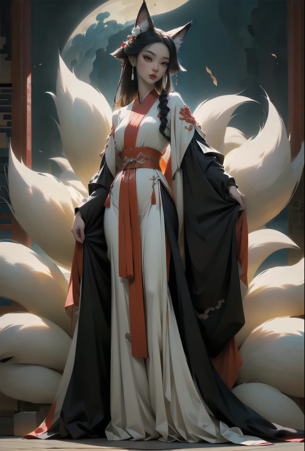 A flirtatious woman, with big eyes and a beautiful Hanfu dancing in front of a full moon scenery wallpaper, fits the description of the fox goddess Daji in ancient Chinese myth "The list of deities." Behind it is an abstract nine-tailed fox (Peking Opera style facial make-up), a full body shot, that combines tradition and modernity 