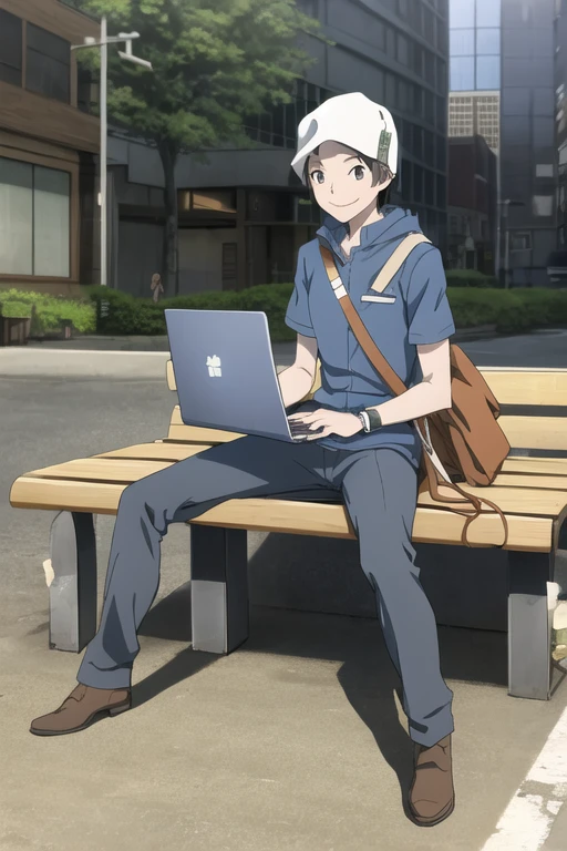 Atsurodesu, hat, pants, solo, 1boy, blue shirt, bag, wristwatch
masterpiece, best quality, absurdres, city, post apocalyptic city, sitting on bench, holding laptop, smile