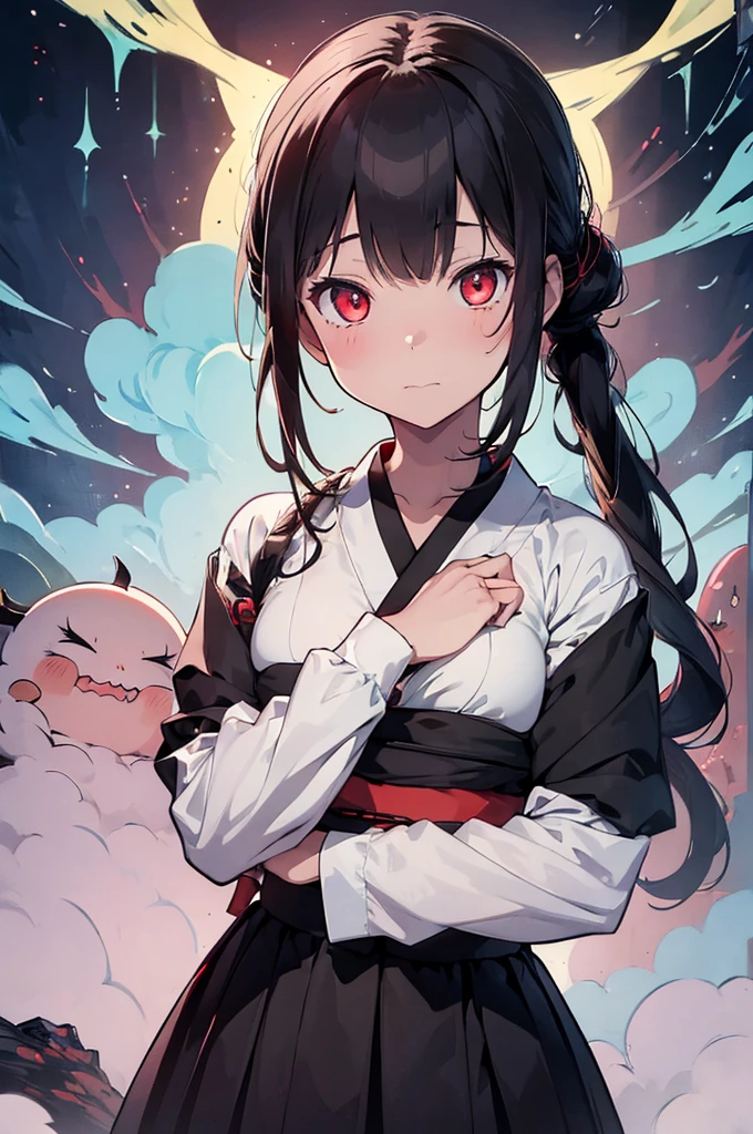 (1 Girl:1.2), alone, Hime Cut,Japanese traditional clothing, Red eyes,漫画のstyle, Joe Fenton, Expressionless black and white photo, camp, Undeserved, mix, envy, Gust (Lovecraft),Calm, A soft smile, Wayne Barlow,, em gochuumon wa usagi desu ka? style, nostalgic