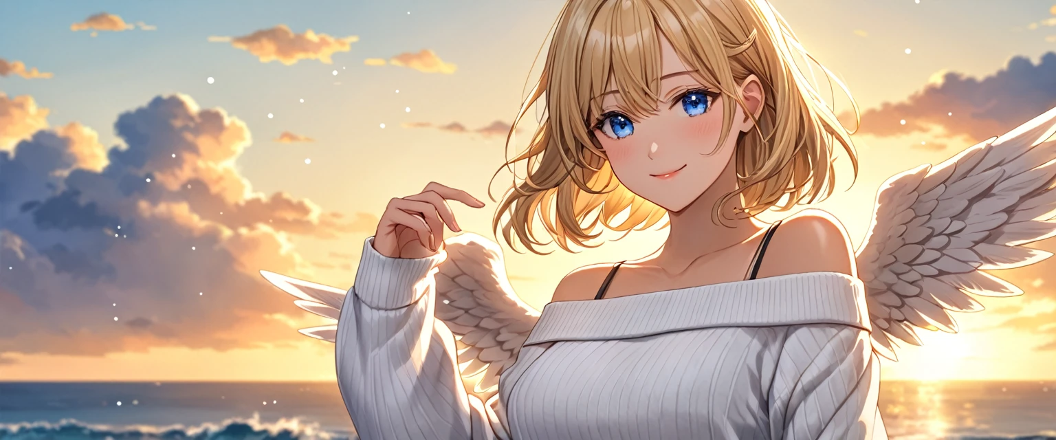 (((One girl))), flying in the sky, bare legs, ((angel, big big white wings:1.2, halo:1.3)), Uriel, ((wavy hair, outward curled hair)), evening, Sunset, sea, beach, ((blond hair, bob cut:1.3)), big breasts, teenager, (looking at viewer), oversized clothes, puffy long sleeves, collarbone, ((off-shoulder sweater dress:1.3, Quite thick shoulder straps)), (((sleeves past wrists:1.3))), ((white sweater)), collarbone, head tilt:1.3, (((blue eye))), ((happy smile)), (((anime style))), (best quality, 4K, 8K, highres, masterpiece:1.2, ultra-detailed, ultra-detailed eyes, HDR, uhd, studio lighting, ultra-fine painting, sharp focus, physically-based rendering, extreme detail description, professional, vivid colors, bokeh), ((Highest quality, Best image quality, Ultra-high resolution, Ultra-high resolution, solo, Strong eye highlights)), Depth of written boundary, Natural soft light, attractive, Beautiful Face, Cleanliness, Pure Face, medium chest, Beautiful Face, Perfect Fingers, Perfect hands, Perfect body, Perfect Face, Shine a light into your eyes, Perfect Anatomy