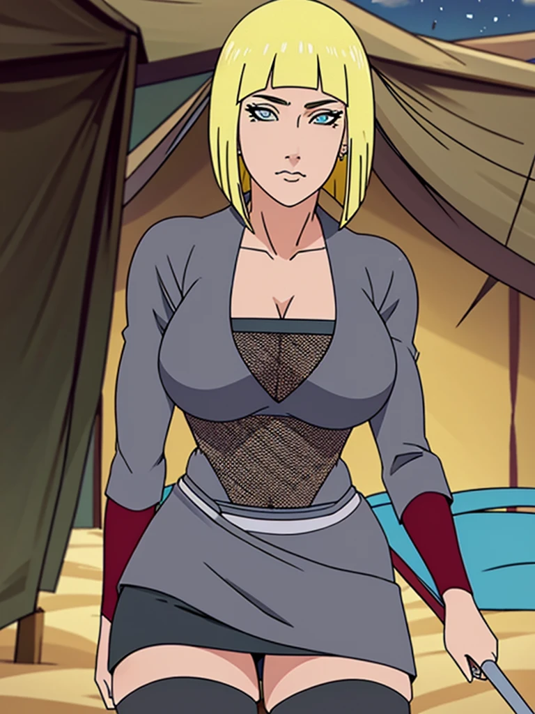 Just one girl,Best quality, 4k, high resolution, body stuck dress, perfect smile, gorgeous, light skin, ahegao face(hentai face) , blond  hair,(bob cut), wearing A very low-cut top that displays her sizeable cleavage, wearing Mesh armor underneath her top ,wearing A short skirt,  red hand guad,wearing modified Kumogakure flak jacket that covers her stomach only, similar to a girdle, 1 girl, solo, seductive look, elegance and charm, (masterpiece, best quality, high resolution), looking at the viewer, standing, (intricate and beautiful:1.2), (detailed light:1.2), (soft light, side light), (high resolution textures) , holding chain collar, outdoor, Burmese girl, wearing gorgeous jewelary, wearing harness over the outfit ,outdoor background, sun light, attractive, sexy, mature and hot, young,(masterpiece:1.3), (disorganized:1.3), (highest quality:1.3), perfect anatomy, detailed face, front view, perfect right hands, looking at viewer, (Super detailed:1.3), (best shadow:0.7), (treated hair), fine eyes, beautiful eyes, young aged woman, alone, standing, crystal earrings,closed_mouth, , outdoors,Thick thighs, arrogant face, small 