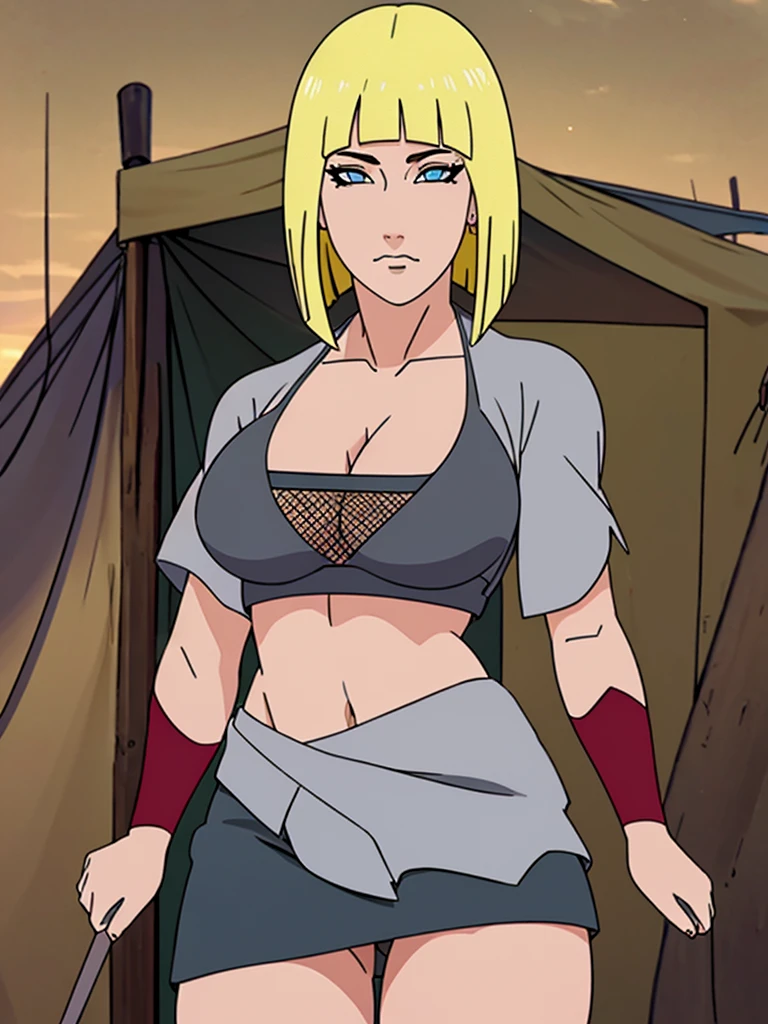 Just one girl,Best quality, 4k, high resolution, body stuck dress, perfect smile, gorgeous, light skin, ahegao face(hentai face) , blond  hair,(bob cut), wearing A very low-cut top that displays her sizeable cleavage, wearing Mesh armor underneath her top ,wearing A short skirt,  red hand guad,wearing modified Kumogakure flak jacket that covers her stomach only, similar to a girdle, 1 girl, solo, seductive look, elegance and charm, (masterpiece, best quality, high resolution), looking at the viewer, standing, (intricate and beautiful:1.2), (detailed light:1.2), (soft light, side light), (high resolution textures) , holding chain collar, outdoor, Burmese girl, wearing gorgeous jewelary, wearing harness over the outfit ,outdoor background, sun light, attractive, sexy, mature and hot, young,(masterpiece:1.3), (disorganized:1.3), (highest quality:1.3), perfect anatomy, detailed face, front view, perfect right hands, looking at viewer, (Super detailed:1.3), (best shadow:0.7), (treated hair), fine eyes, beautiful eyes, young aged woman, alone, standing, crystal earrings,closed_mouth, , outdoors,Thick thighs, arrogant face, small 