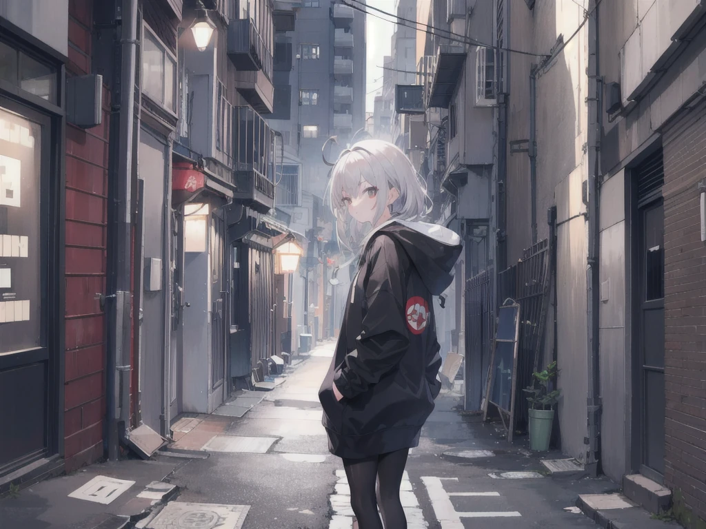 One girl,City of night,Wearing a hoodie，Gray Hair，Back Alley，8K
