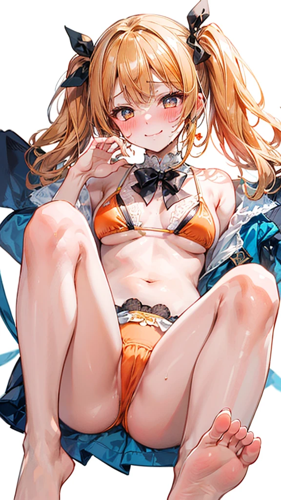 (Best quality, 8k, 32k, Masterpiece, UHD,:1.2),RAW, 1girl,ultra cute , natural lighting,transparent shining eyes, 20yo ,fair complexion, ((orange ribbon bikini)), Closeup shot, wedgie, shy smiling, medium hair, (ecstasy:1.3) ,(slut:1.2), (vulgarity:1.3), (fucked silly:1.1),(steam:1.1),(wet:0.8),(trembling:0.8),(tears:0.7) ,(drooling:0.6),(sweat:0.8), embarrassed, blush,, ((White Background)), From Below, legs up,, bare foot