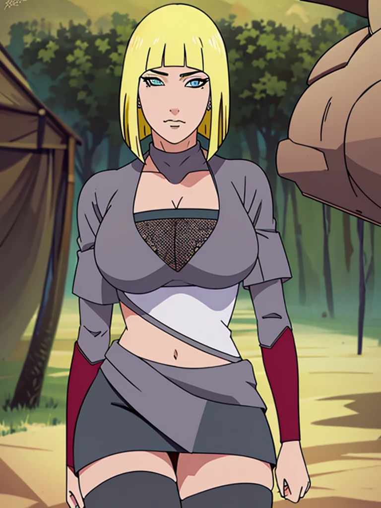 Just one girl,Best quality, 4k, high resolution, body stuck dress, perfect smile, gorgeous, light skin, ahegao face(hentai face) , blond  hair,(bob cut), wearing A very low-cut top that displays her sizeable cleavage, wearing Mesh armor underneath her top ,wearing A short skirt,  red hand guad,wearing modified Kumogakure flak jacket that covers her stomach only, similar to a girdle, 1 girl, solo, seductive look, elegance and charm, (masterpiece, best quality, high resolution), looking at the viewer, standing, (intricate and beautiful:1.2), (detailed light:1.2), (soft light, side light), (high resolution textures) , holding chain collar, outdoor, Burmese girl, wearing gorgeous jewelary, wearing harness over the outfit ,outdoor background, sun light, attractive, sexy, mature and hot, young,(masterpiece:1.3), (disorganized:1.3), (highest quality:1.3), perfect anatomy, detailed face, front view, perfect right hands, looking at viewer, (Super detailed:1.3), (best shadow:0.7), (treated hair), fine eyes, beautiful eyes, young aged woman, alone, standing, crystal earrings,closed_mouth, , outdoors,Thick thighs, arrogant face, small 