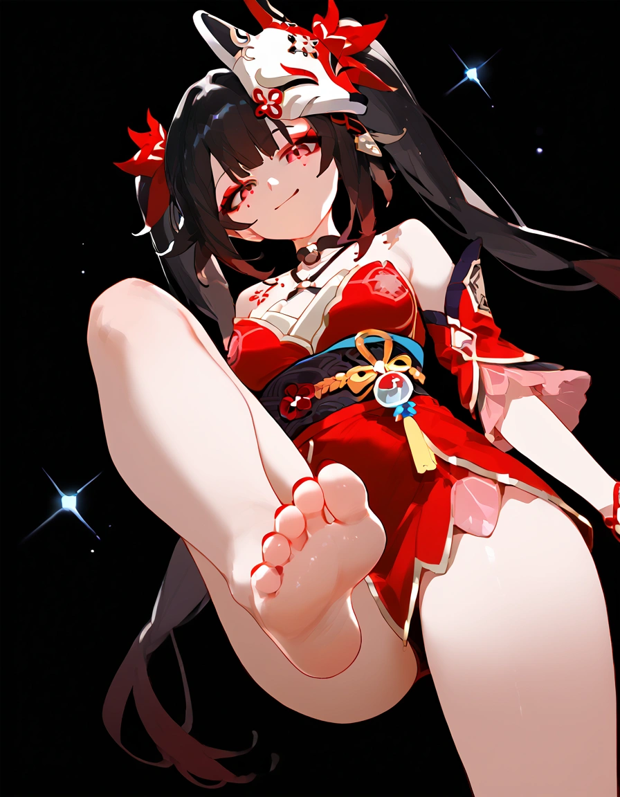 anime artwork, score_9, score_8_up, score_7_up, score_6_up, score_5_up, score_4_up,sparkle \(honkai: star rail\),1girl, twintails, black hair, medium breasts, red eyes, red eyeshadow, fox mask ,
, , , , she is 24 years old, , ,horny, , , , style_3, ,,, floox style, black background,, standing, dutch angle, from below,  deep skin, foot focus, foot on viewer, evil smile, naughty face