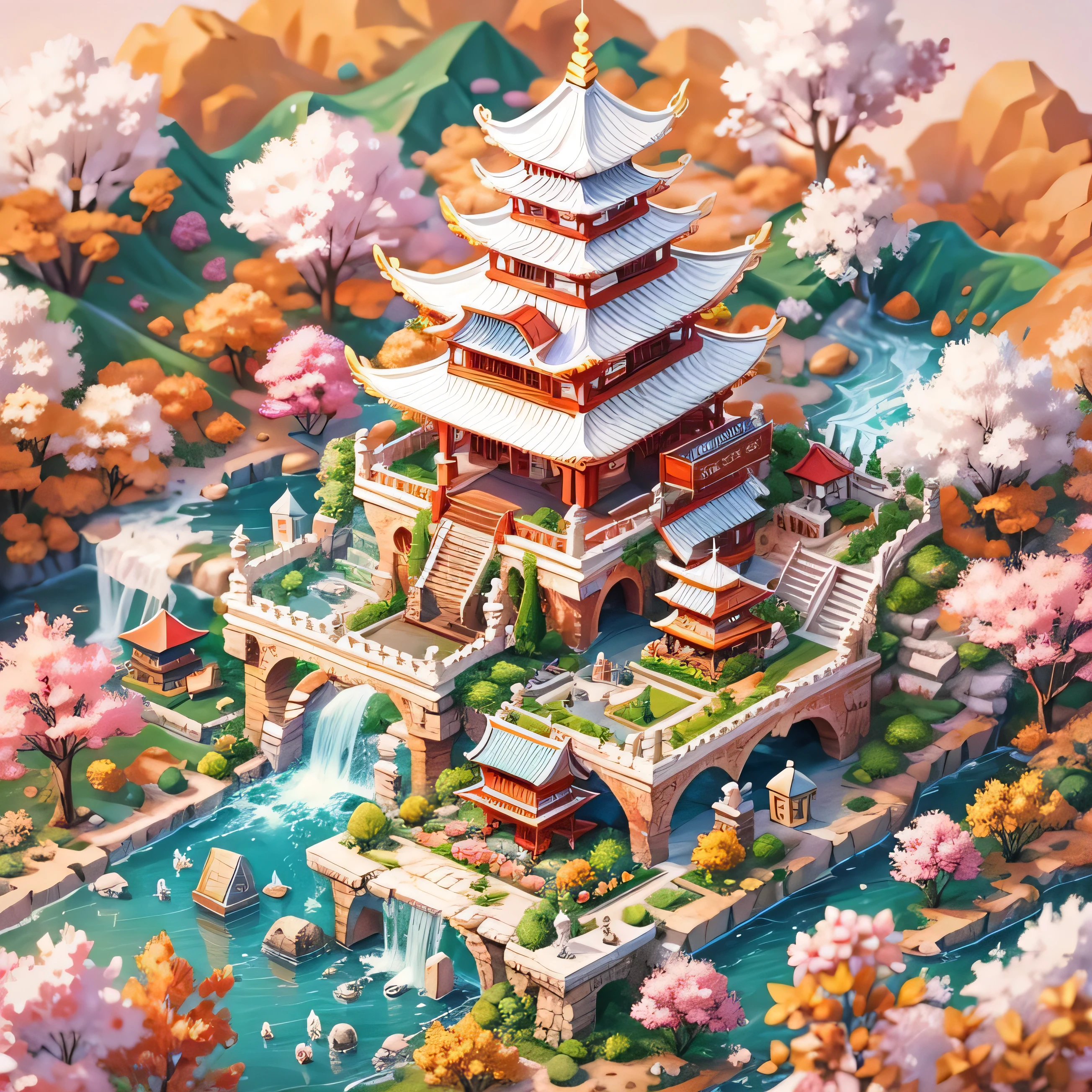 (Isometric Animation,cold shades,white background,fire ship,sharp focus:1.5),Chinese style,Ben,streamlet,Town,farmland,white peach flower,white clouds,peacock, Graphic illustration style,Sewing paper style,auspicious clouds,The contents are very detailed.,cold shades、