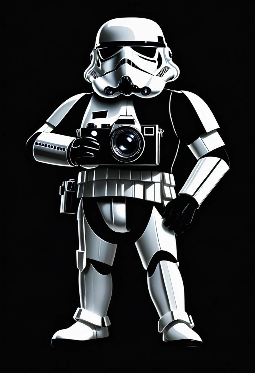 2D image, stormtrooper holding a photo camera, frontal view, full posture, solid black background