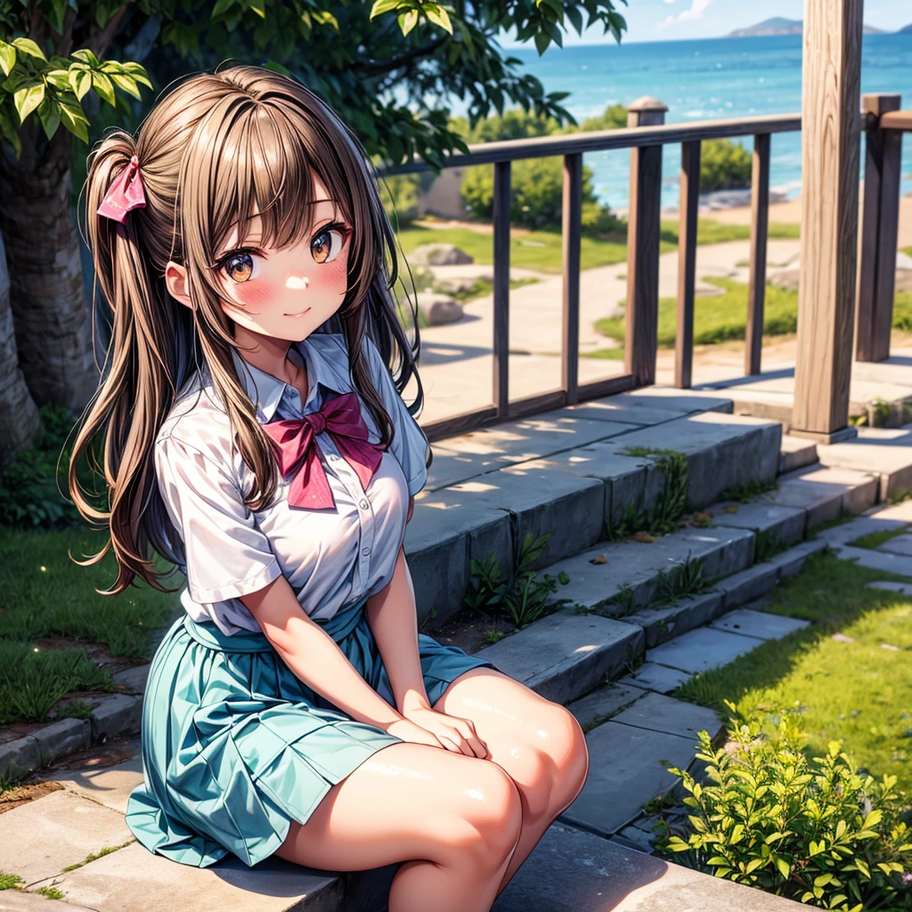 master piece, extremely detailed, high resolution, Haruba Negi style, girl, brown hair, white short sleeve shirt, light blue bow tie, big-bust, slim waist, diamond eyes, checkered mini skirt, crouched posture, smiling happily with closed mouth, glossy plump lips, pink lips, glossy hair, looking at camera, blushing and embarrassed, park with stone steps overlooking the sea in the background, port town visible, long bangs, brown eyes