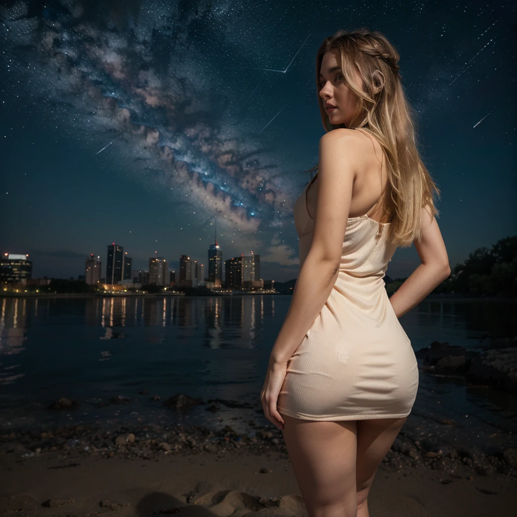 masterpiece, super beautiful starry night sky, galaxy, an elf woman wearing a translucent transparent outfit walking through a flowery Dune, low angle shot camera perspective. Curvy seductive body, super long light blonde hair, detailed body. from behind, starry background, clear night. fireflies.