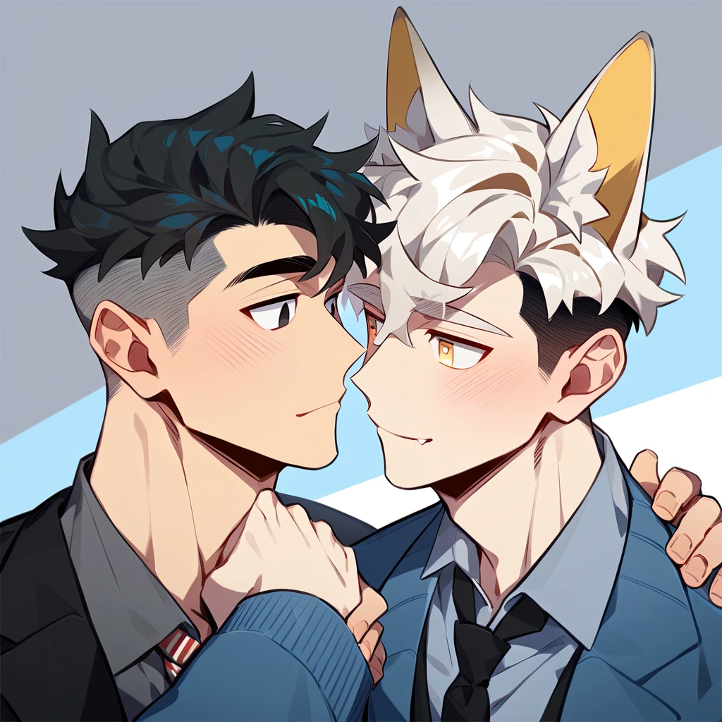 2 young men, focus man , Yaoi, pair, Fox Devil, short hair, silver blonde hair, golden eyes, Fox ears, businessman, black hair, Undercut style, black eyes , The best aesthetics , best quality, Amazing quality, The best aesthetics