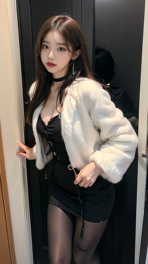 (((NFSW : 1.2))), (((pornography))), (realistic), (intricate details:1.2), (masterpiece、:1.3), (top quality:1.4), (Ultra A high resolution:1.2), Ultra A high resolution, 8K resolution, very detailed expression, dark, (high quality), complete anatomy, natural anatomy, full body photo, (한 한국여성이 오피스텔 현관을 들어오면서 한쪽 다리를 옆으로 슬쩍 들어올려 하이힐을 벗는 중에 있습니다. : 1.6), (그녀는 오피스텔로 신발을 벗고 들어오고 있습니다. :1.6), (그녀의 시선은 자신의 발끝을 향합니다:1.4), she is 21 years old, (call girl:1.5), (prostitute: 1.5), (she is korean:1.6), (beautiful : 1.4), (Dyed fancy colored hair banging), (big earrings), heavy makeup, Confusing wording, choker necklace, long legs, (a girl weared slim feminine dress and pantyhose. : 1.4), (a girl weared strappy high heels :1.4), (a girl is wearing a fur jacket :1.4), (She is carrying a woman's bag : 1.4), (남자들은 그녀를 기다리고 있습니다 : 1.4), (남자들의 시점 :1.4), glowing skin,(eye contact each other :1.4),(She being caught and sexually harassed by 2 men : 1.5), (the front door of the hotel room : 1.6), (detailed background:1.2),(She has fun with several Korean men : 1.4), 